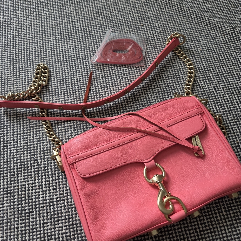 Rebecca Minkoff Coral Pink Leather Crossbody Bag Gold Chain - Picture 10 of 16